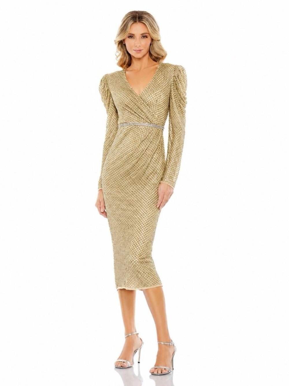 Mac Duggal Sz 4 Nude Gold Beaded Wrap Puff Long Sleeve Midi Cocktail Dress Flaws
